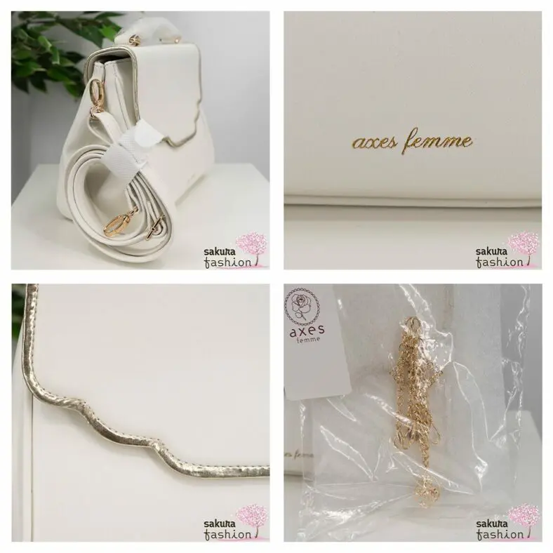 Axes Femme flache Handtasche Kunstleder Orientalischer Stil Weiß goldfarben Kette Anhänger Logo Umhängetasche Schultertasche Elegant Japan Kawaii Feminin oriental style charm bag white