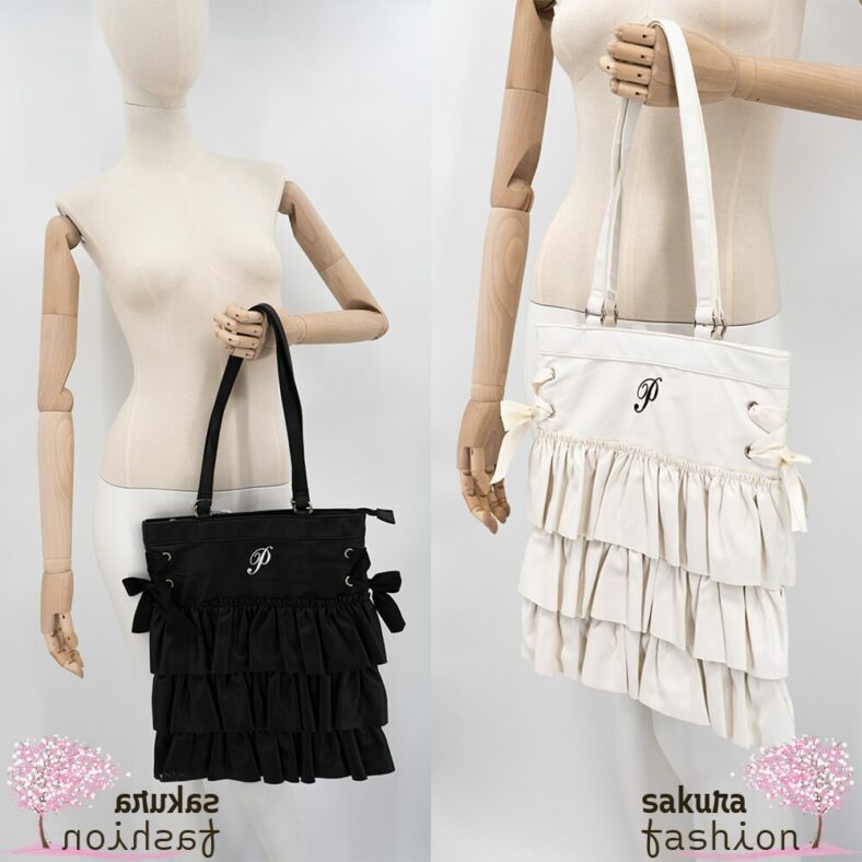 Axes Femme Poetique Kunstleder Einkaufstasche Beutel Schwarz Weiß Rüschen Bestickt Schnürung Schleife Japan Kawaii Feminin  synthetic leather tort bag black white