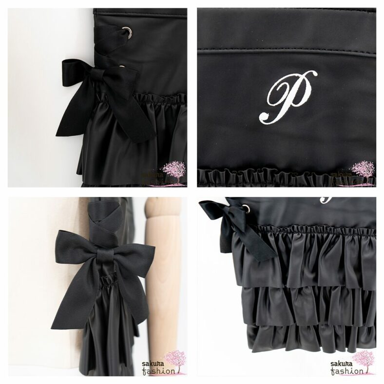 Axes Femme Poetique Kunstleder Einkaufstasche Beutel Schwarz Rüschen Bestickt Schnürung Schleife Japan Kawaii Feminin  synthetic leather tort bag black