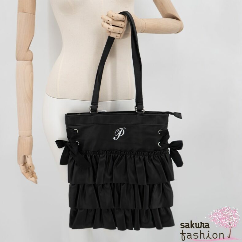 Axes Femme Poetique Kunstleder Einkaufstasche Beutel Schwarz Rüschen Bestickt Schnürung Schleife Japan Kawaii Feminin  synthetic leather tort bag black