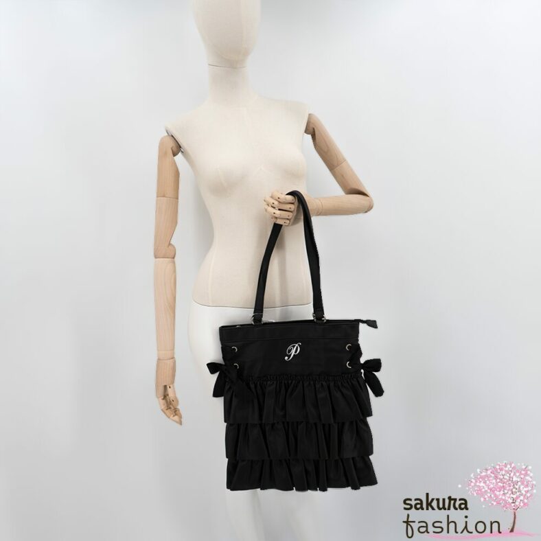 Axes Femme Poetique Kunstleder Einkaufstasche Beutel Schwarz Rüschen Bestickt Schnürung Schleife Japan Kawaii Feminin  synthetic leather tort bag black