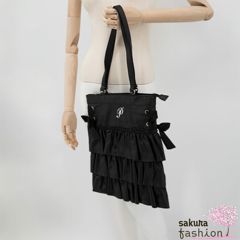 Axes Femme Poetique Kunstleder Einkaufstasche Beutel Schwarz Rüschen Bestickt Schnürung Schleife Japan Kawaii Feminin  synthetic leather tort bag black