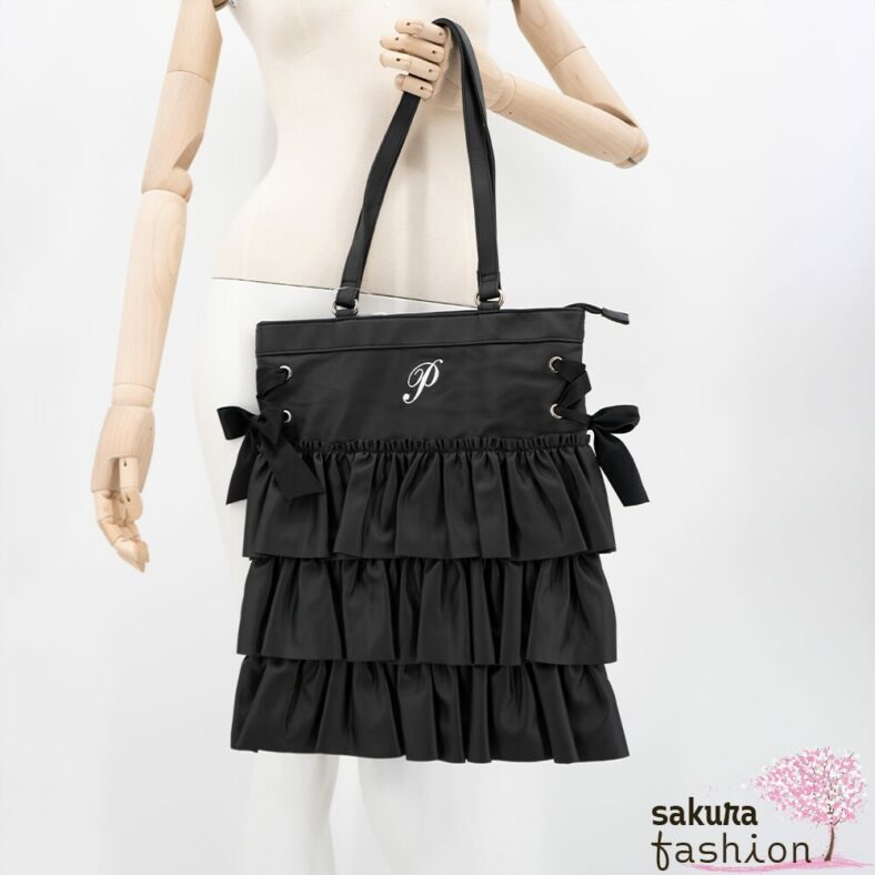 Axes Femme Poetique Kunstleder Einkaufstasche Beutel Schwarz Rüschen Bestickt Schnürung Schleife Japan Kawaii Feminin  synthetic leather tort bag black