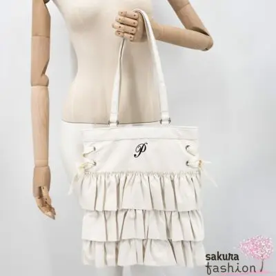 Axes Femme Poetique Kunstleder Einkaufstasche Beutel Weiß Rüschen Bestickt Schnürung Schleife Japan Kawaii Feminin  synthetic leather tort bag white