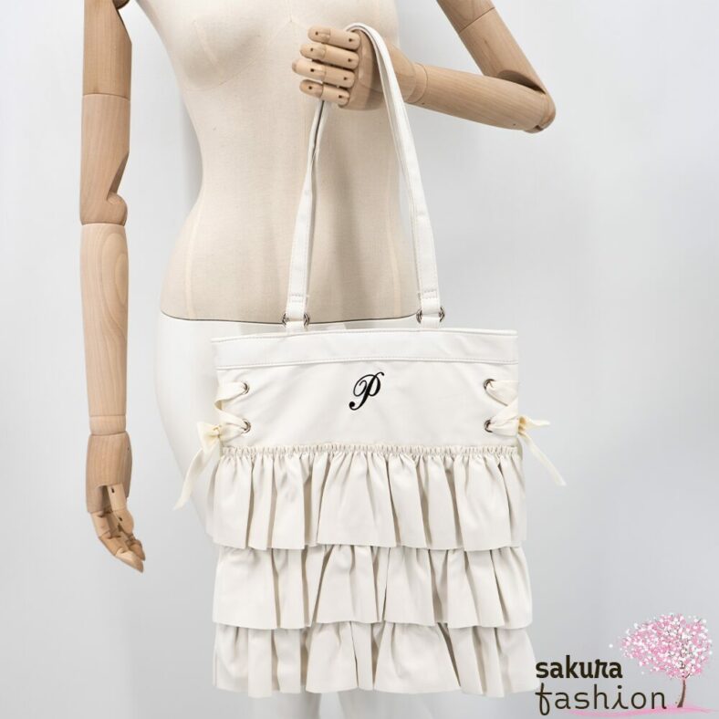 Axes Femme Poetique Kunstleder Einkaufstasche Beutel Weiß Rüschen Bestickt Schnürung Schleife Japan Kawaii Feminin  synthetic leather tort bag white