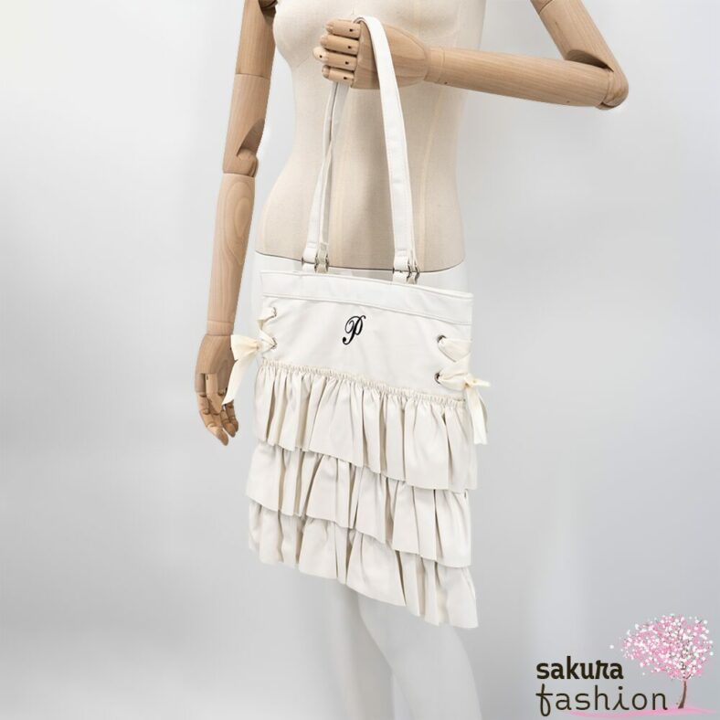 Axes Femme Poetique Kunstleder Einkaufstasche Beutel Weiß Rüschen Bestickt Schnürung Schleife Japan Kawaii Feminin  synthetic leather tort bag white