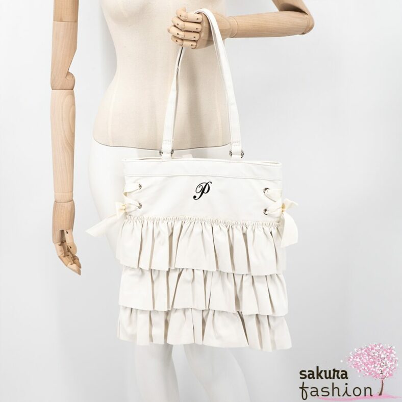 Axes Femme Poetique Kunstleder Einkaufstasche Beutel Weiß Rüschen Bestickt Schnürung Schleife Japan Kawaii Feminin  synthetic leather tort bag white