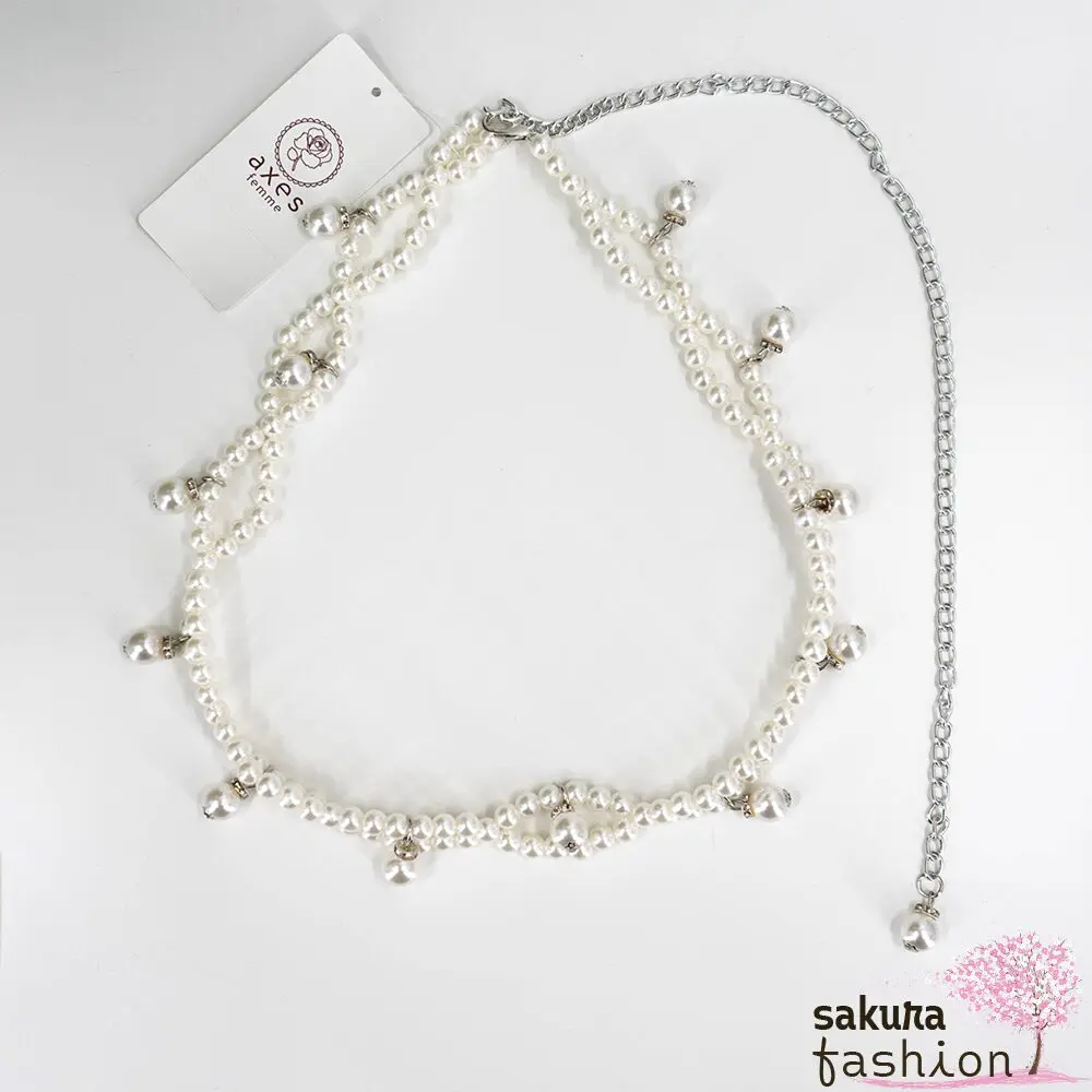 Axes Femme Taillengürtel Perlengürtel Weiß Elegant Schmuckstein Accessoire Japan Kawaii Feminin pearl chain belt white