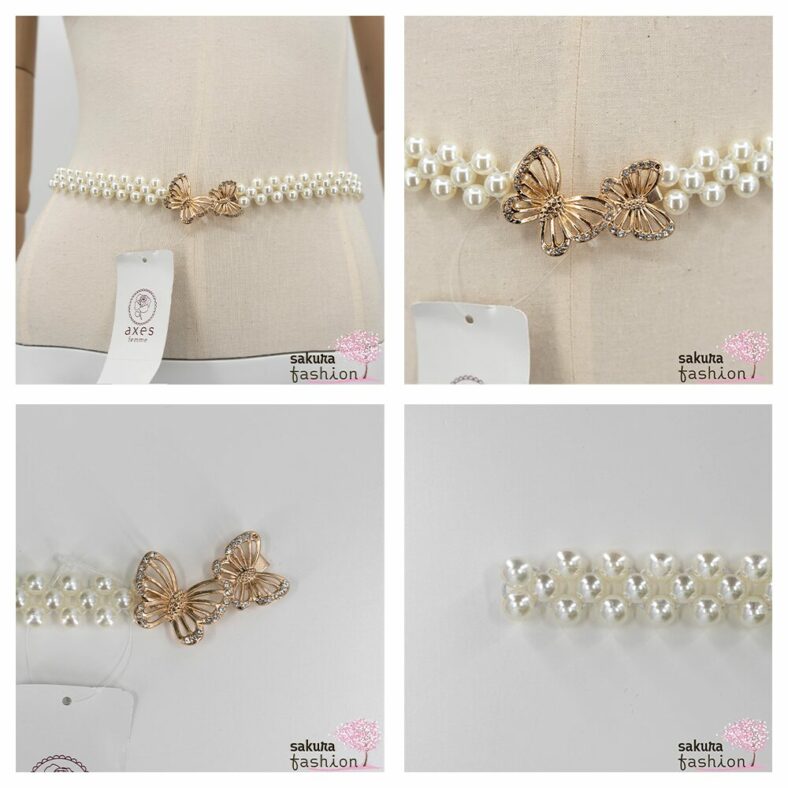 Axes Femme Taillengürtel Perlengürtel Weiß Zierschnalle Gold Schmetterling Elegant Schmucksteine Funkelnd Accessoire Japan Kawaii Feminin butterfly pearl rubber belt gold