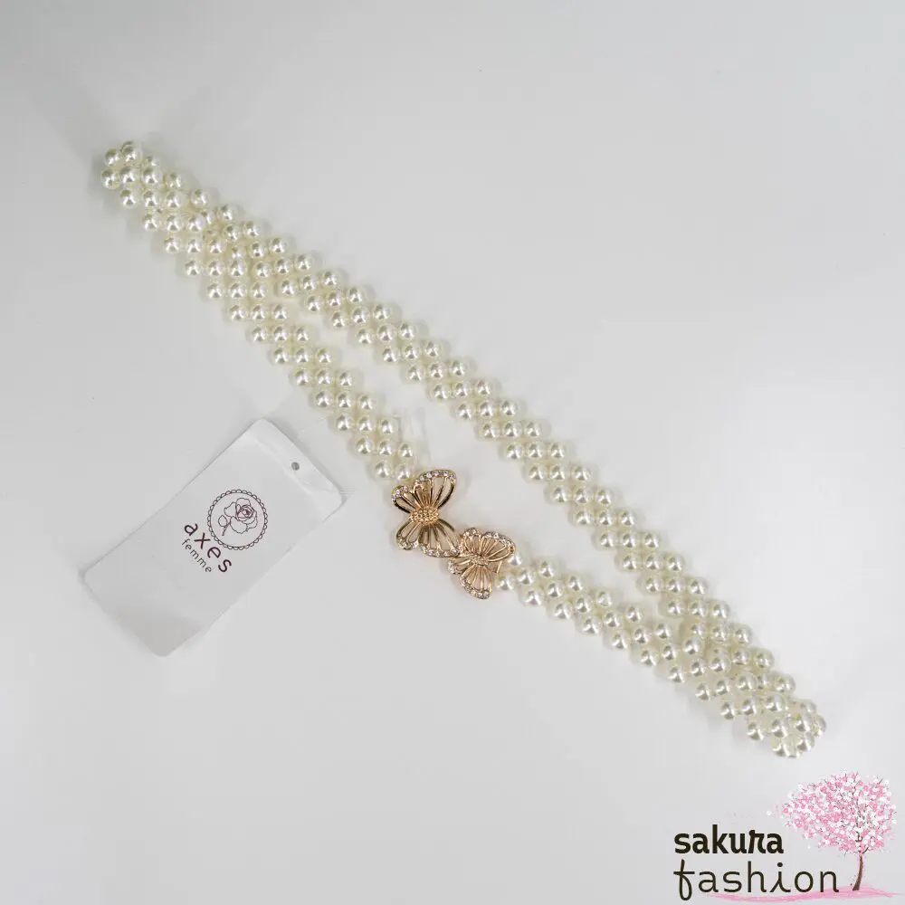 Axes Femme Taillengürtel Perlengürtel Weiß Zierschnalle Gold Schmetterling Elegant Schmucksteine Funkelnd Accessoire Japan Kawaii Feminin butterfly pearl rubber belt gold