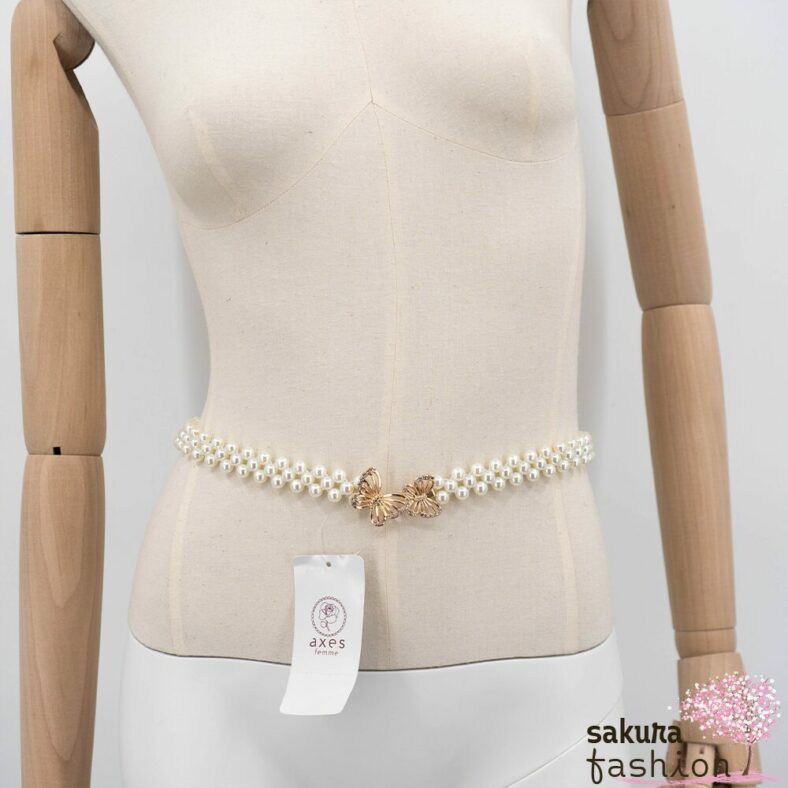 Axes Femme Taillengürtel Perlengürtel Weiß Zierschnalle Gold Schmetterling Elegant Schmucksteine Funkelnd Accessoire Japan Kawaii Feminin butterfly pearl rubber belt gold