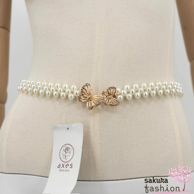 Axes Femme Taillengürtel Perlengürtel Weiß Zierschnalle Gold Schmetterling Elegant Schmucksteine Funkelnd Accessoire Japan Kawaii Feminin butterfly pearl rubber belt gold