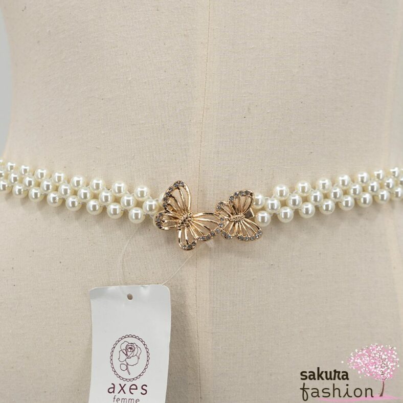 Axes Femme Taillengürtel Perlengürtel Weiß Zierschnalle Gold Schmetterling Elegant Schmucksteine Funkelnd Accessoire Japan Kawaii Feminin butterfly pearl rubber belt gold