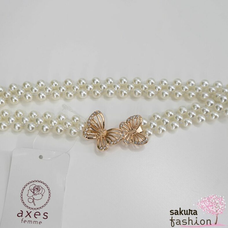 Axes Femme Taillengürtel Perlengürtel Weiß Zierschnalle Gold Schmetterling Elegant Schmucksteine Funkelnd Accessoire Japan Kawaii Feminin butterfly pearl rubber belt gold