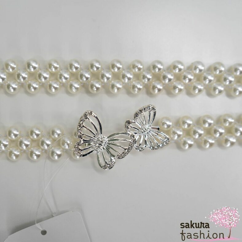 Axes Femme Taillengürtel Perlengürtel Weiß Zierschnalle Silber Schmetterling Elegant Schmucksteine Funkelnd Accessoire Japan Kawaii Feminin butterfly pearl rubber belt silver