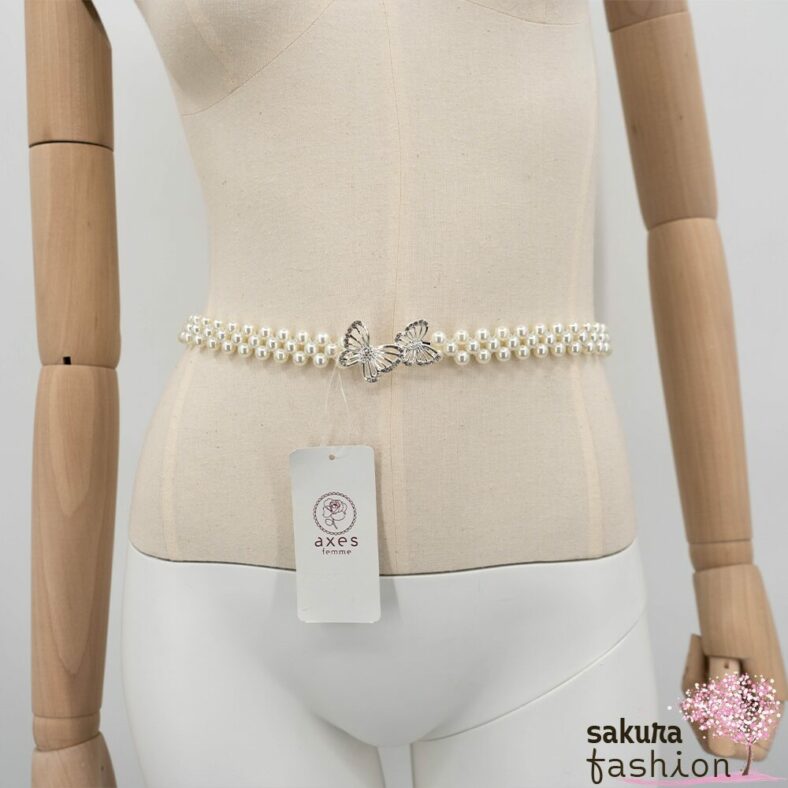 Axes Femme Taillengürtel Perlengürtel Weiß Zierschnalle Silber Schmetterling Elegant Schmucksteine Funkelnd Accessoire Japan Kawaii Feminin butterfly pearl rubber belt silver