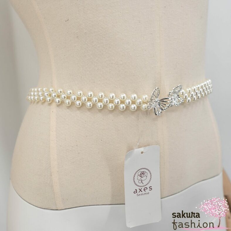 Axes Femme Taillengürtel Perlengürtel Weiß Zierschnalle Silber Schmetterling Elegant Schmucksteine Funkelnd Accessoire Japan Kawaii Feminin butterfly pearl rubber belt silver