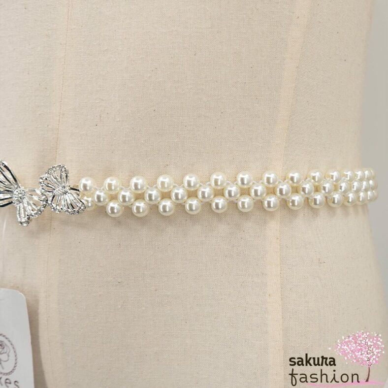 Axes Femme Taillengürtel Perlengürtel Weiß Zierschnalle Silber Schmetterling Elegant Schmucksteine Funkelnd Accessoire Japan Kawaii Feminin butterfly pearl rubber belt silver