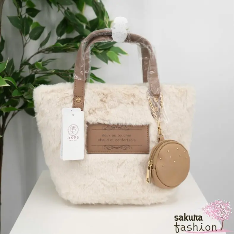Axes Femme Kunstfelltasche Ecru Weiß Grau Handtasche Kunstlederdetails mini Tasche Portmonee Umhängetasche Japan Kawaii Feminin fur mini tote with pouch ecru grey