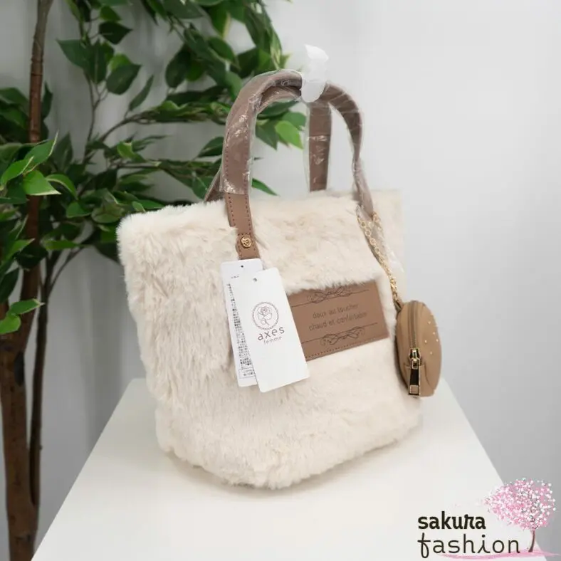 Axes Femme Kunstfelltasche Ecru Weiß Grau Handtasche Kunstlederdetails mini Tasche Portmonee Umhängetasche Japan Kawaii Feminin fur mini tote with pouch ecru grey