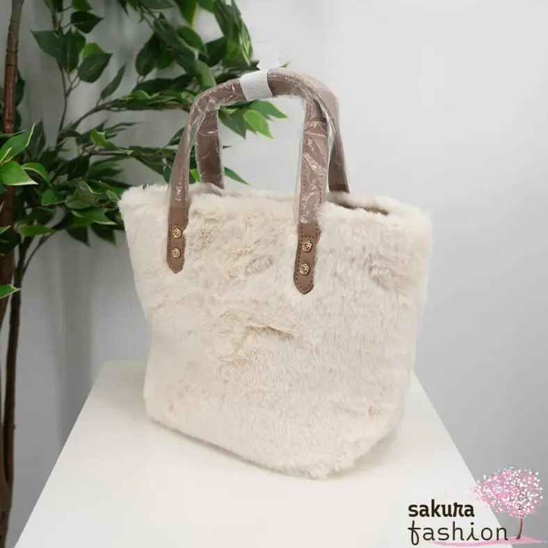 Axes Femme Kunstfelltasche Ecru Weiß Grau Handtasche Kunstlederdetails mini Tasche Portmonee Umhängetasche Japan Kawaii Feminin fur mini tote with pouch ecru grey
