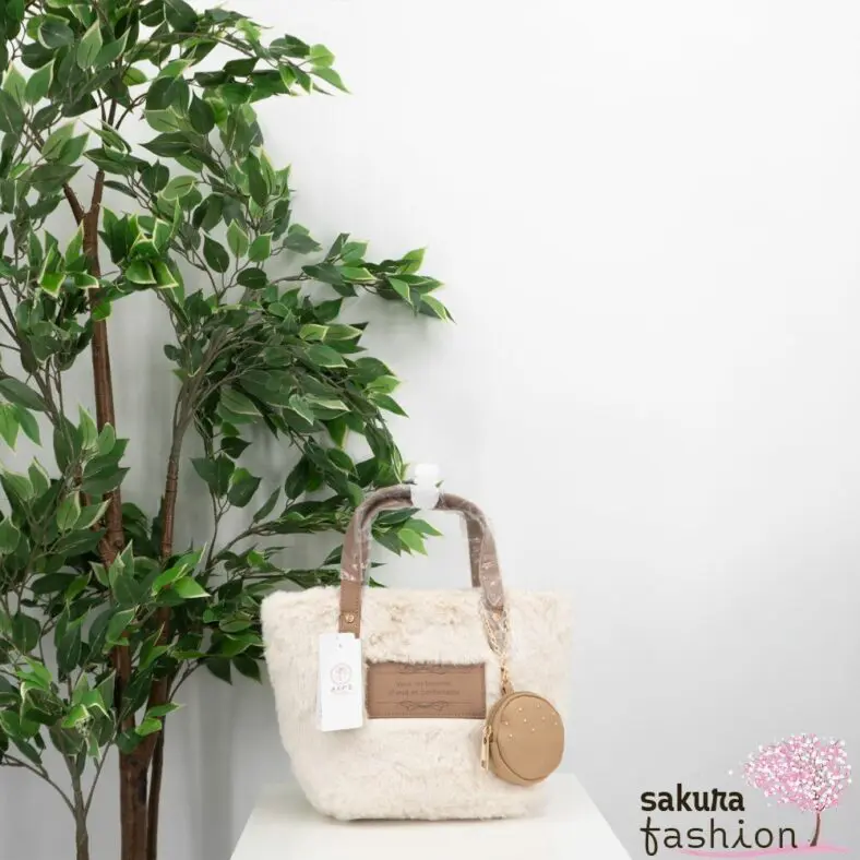 Axes Femme Kunstfelltasche Ecru Weiß Grau Handtasche Kunstlederdetails mini Tasche Portmonee Umhängetasche Japan Kawaii Feminin fur mini tote with pouch ecru grey