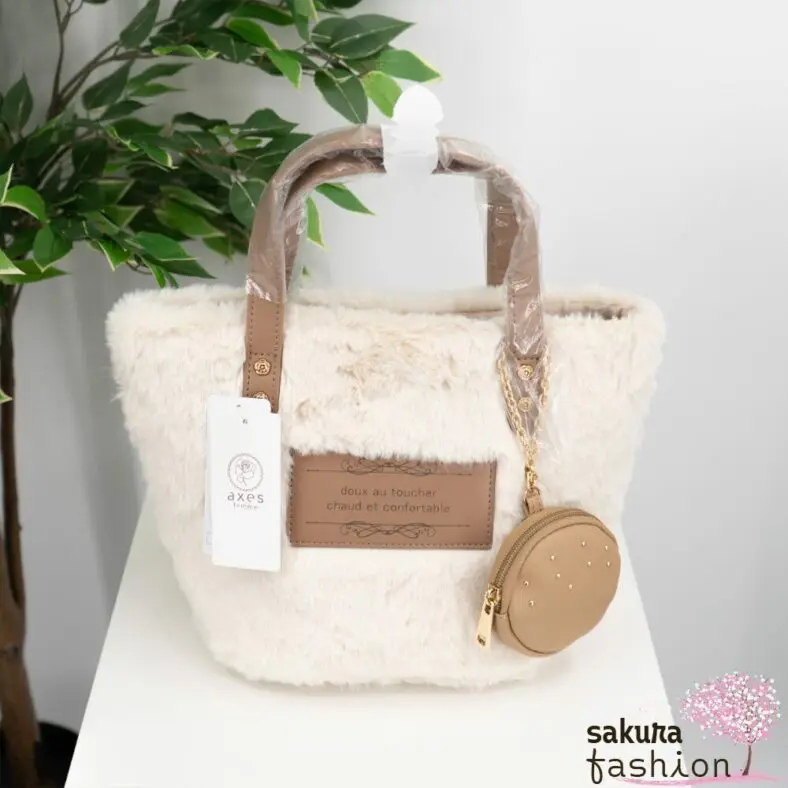 Axes Femme Kunstfelltasche Ecru Weiß Grau Handtasche Kunstlederdetails mini Tasche Portmonee Umhängetasche Japan Kawaii Feminin fur mini tote with pouch ecru grey