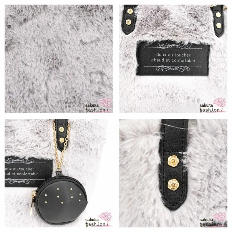 Axes Femme Kunstfelltasche Grau Handtasche Kunstlederdetails mini Tasche Portmonee Umhängetasche Japan Kawaii Feminin fur mini tote with pouch grey