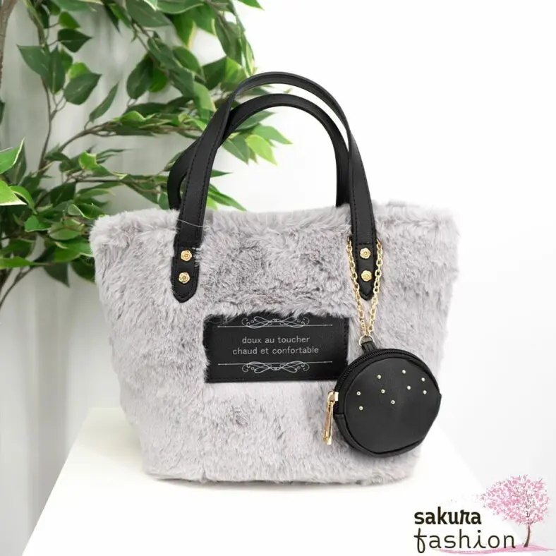 Axes Femme Kunstfelltasche Grau Handtasche Kunstlederdetails mini Tasche Portmonee Umhängetasche Japan Kawaii Feminin fur mini tote with pouch grey