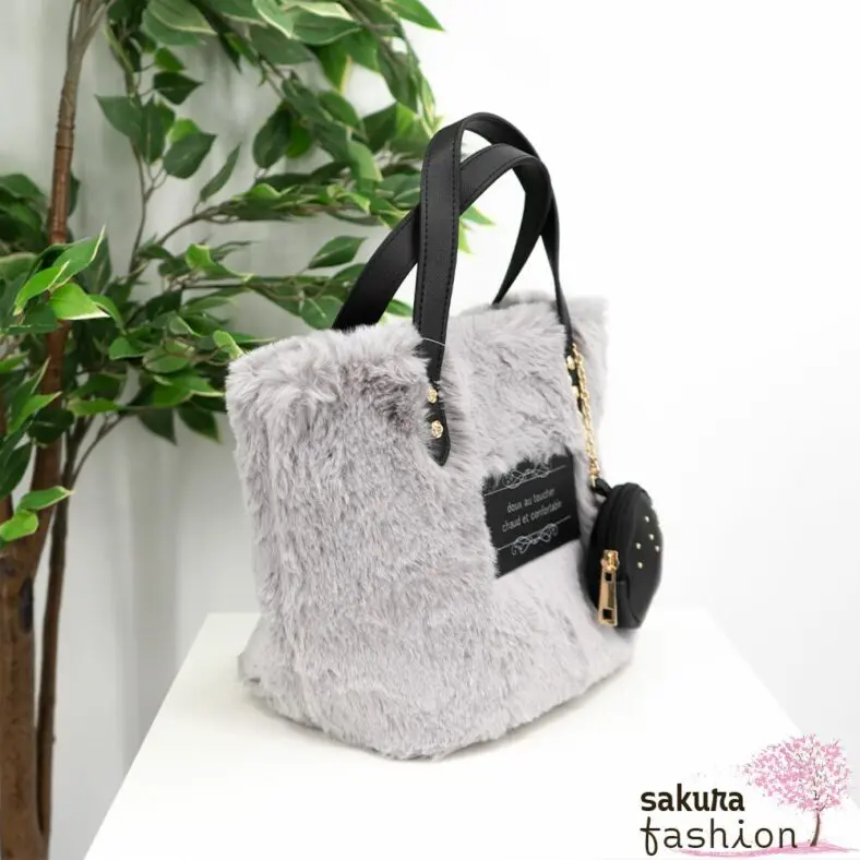 Axes Femme Kunstfelltasche Grau Handtasche Kunstlederdetails mini Tasche Portmonee Umhängetasche Japan Kawaii Feminin fur mini tote with pouch grey