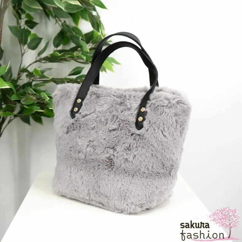 Axes Femme Kunstfelltasche Grau Handtasche Kunstlederdetails mini Tasche Portmonee Umhängetasche Japan Kawaii Feminin fur mini tote with pouch grey