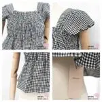 Rmine Shirt Kariert Schwarz Weiß Bogenkantensaum Gerafft Schößchenshirt Rüsche quadratischer Ausschnitt Japan Kawaii square neck ruched tops black check