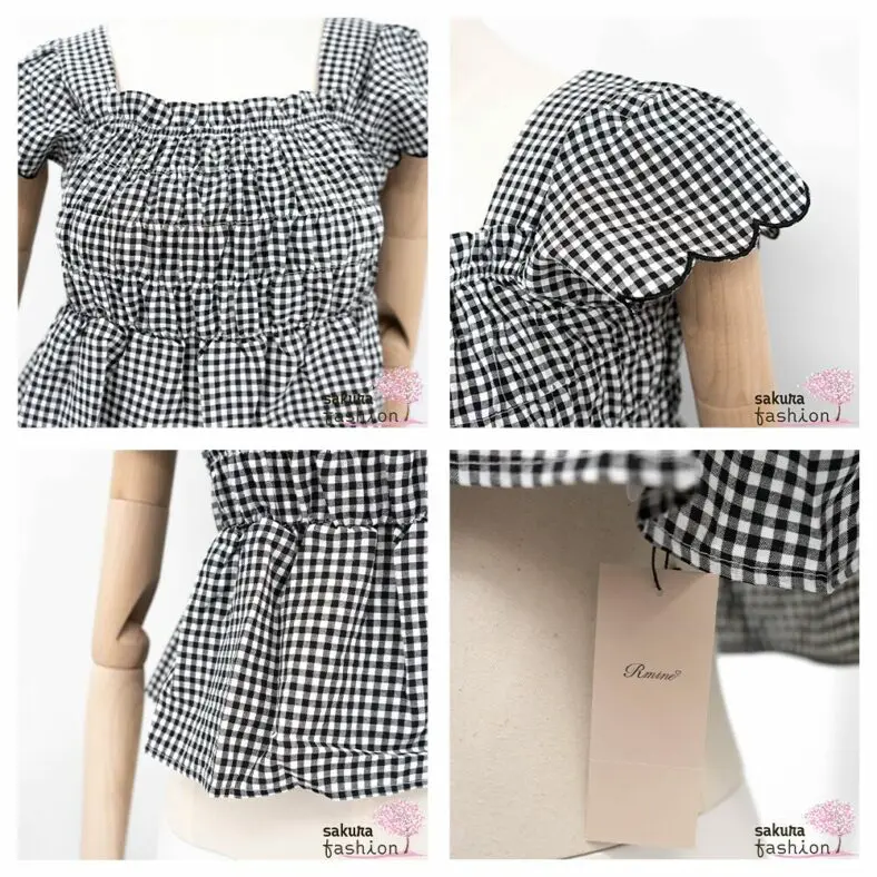 Rmine Shirt Kariert Schwarz Weiß Bogenkantensaum Gerafft Schößchenshirt Rüsche quadratischer Ausschnitt Japan Kawaii square neck ruched tops black check