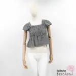 Rmine Shirt Kariert Schwarz Weiß Bogenkantensaum Gerafft Schößchenshirt Rüsche quadratischer Ausschnitt Japan Kawaii square neck ruched tops black check