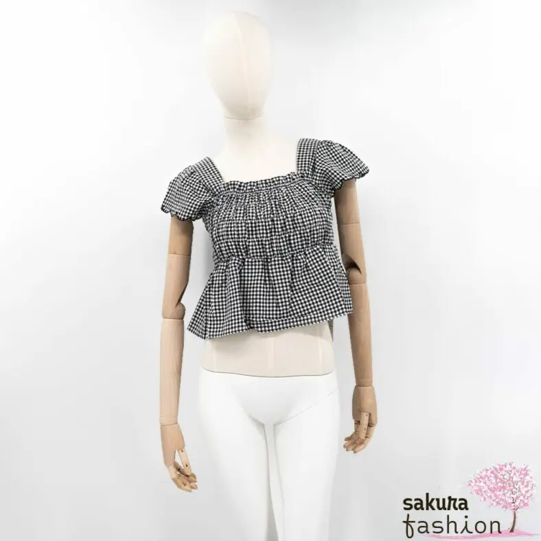 Rmine Shirt Kariert Schwarz Weiß Bogenkantensaum Gerafft Schößchenshirt Rüsche quadratischer Ausschnitt Japan Kawaii square neck ruched tops black check