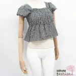 Rmine Shirt Kariert Schwarz Weiß Bogenkantensaum Gerafft Schößchenshirt Rüsche quadratischer Ausschnitt Japan Kawaii square neck ruched tops black check