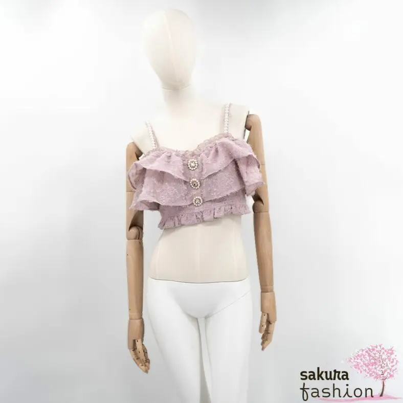 Rojita Top Federbustier Rosa Rüschen Spitzendetails Perlenträger Weiß Zierknöpfe Schmucksteine Zart Bauchfrei Japan Kawaii ruffled feather bustier pink