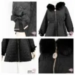 Rojita Steppmantel Schwarz Herzmusterung Kunstfellkapuze Schleifen Tailliert Japan Kawaii heart quilted coat black