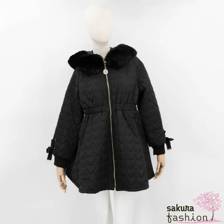 Rojita Steppmantel Schwarz Herzmusterung Kunstfellkapuze Schleifen Tailliert Japan Kawaii heart quilted coat black