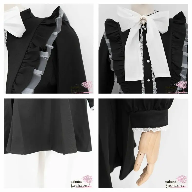 Rojita Kleid Kurz Mini Schwarz Farbdetails Weiß Schleife Transparent Langarm Rüschen Spitze Zierknöpfe Tailliert Japan Kawaii color coordinated sheer big ribbon dress black