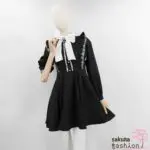 Rojita Kleid Kurz Mini Schwarz Farbdetails Weiß Schleife Transparent Langarm Rüschen Spitze Zierknöpfe Tailliert Japan Kawaii color coordinated sheer big ribbon dress black