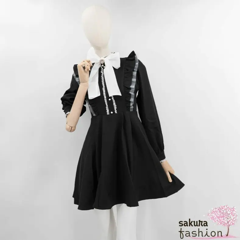 Rojita Kleid Kurz Mini Schwarz Farbdetails Weiß Schleife Transparent Langarm Rüschen Spitze Zierknöpfe Tailliert Japan Kawaii color coordinated sheer big ribbon dress black