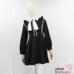Rojita Kleid Kurz Mini Schwarz Farbdetails Weiß Schleife Transparent Langarm Rüschen Spitze Zierknöpfe Tailliert Japan Kawaii color coordinated sheer big ribbon dress black