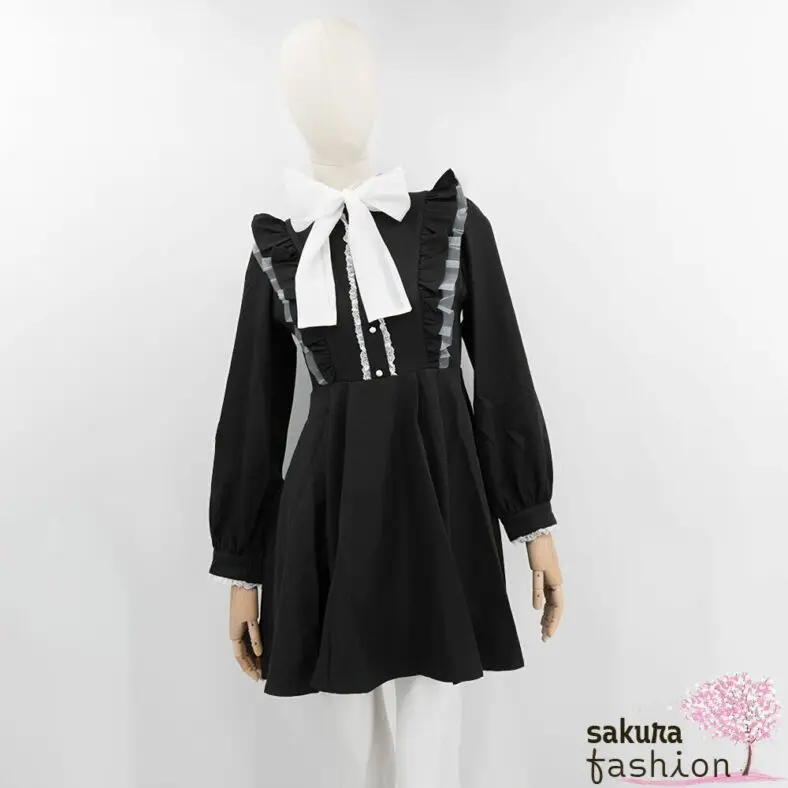 Rojita Kleid Kurz Mini Schwarz Farbdetails Weiß Schleife Transparent Langarm Rüschen Spitze Zierknöpfe Tailliert Japan Kawaii color coordinated sheer big ribbon dress black