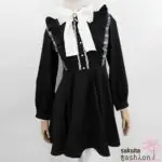 Rojita Kleid Kurz Mini Schwarz Farbdetails Weiß Schleife Transparent Langarm Rüschen Spitze Zierknöpfe Tailliert Japan Kawaii color coordinated sheer big ribbon dress black