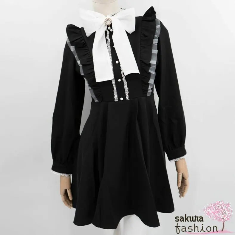 Rojita Kleid Kurz Mini Schwarz Farbdetails Weiß Schleife Transparent Langarm Rüschen Spitze Zierknöpfe Tailliert Japan Kawaii color coordinated sheer big ribbon dress black