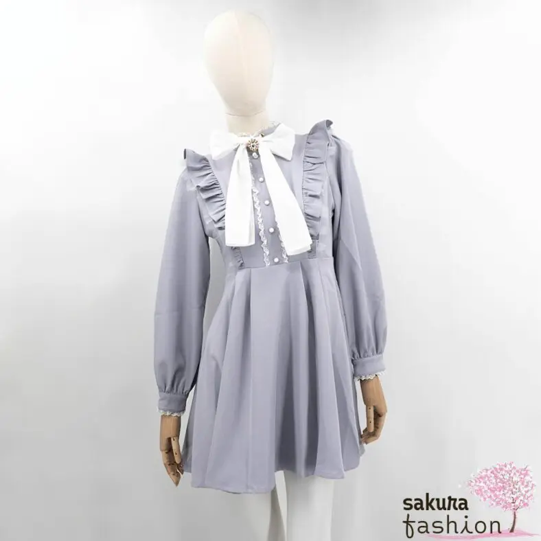 Rojita Kleid Kurz Mini Schwarz Blau Farbdetails Weiß Schleife Transparent Langarm Rüschen Spitze Zierknöpfe Tailliert Japan Kawaii color coordinated sheer big ribbon dress black saxe blue