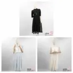 Rojita Maxikleid Lang Schwarz Elfenbeinweiß Hellblau Spitzenkleid Glitzereffekt Floral Halbarm Ärmelraffung Federbustier Kragenschleife Japan Kawaii Feminin lace long dress black ivory saxe blue
