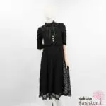 Rojita Maxikleid Lang Schwarz Spitzenkleid Glitzereffekt Floral Halbarm Ärmelraffung Federbustier Kragenschleife Japan Kawaii Feminin lace long dress black