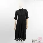 Rojita Maxikleid Lang Schwarz Spitzenkleid Glitzereffekt Floral Halbarm Ärmelraffung Federbustier Kragenschleife Japan Kawaii Feminin lace long dress black